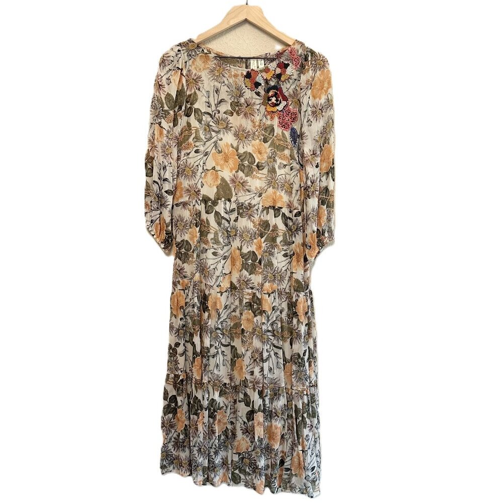 Anthropologie Meadow Rue Floral Espalier Embroidered Midi Dress Size Medium